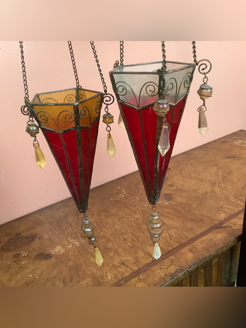 Vintage Stained Glass Hanging Candle Holder Lot of 2 Gothic Boho Red Amber Clear